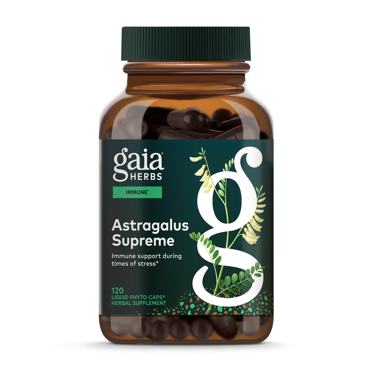 Gaia Herbs Astragalus Supreme bottle emphasizes immune support and antioxidant benefits.