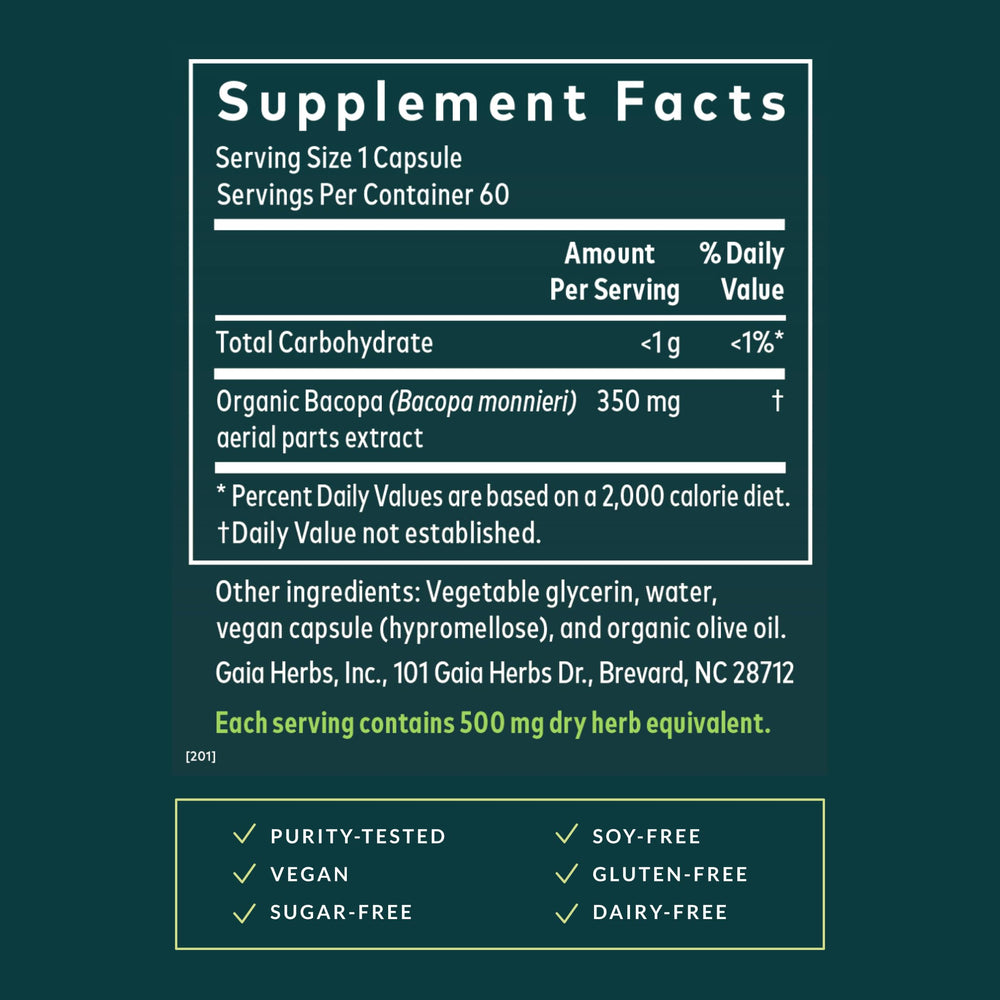 Gaia Herbs Bacopa bottle front emphasizes vegan brain support in a clean layout.