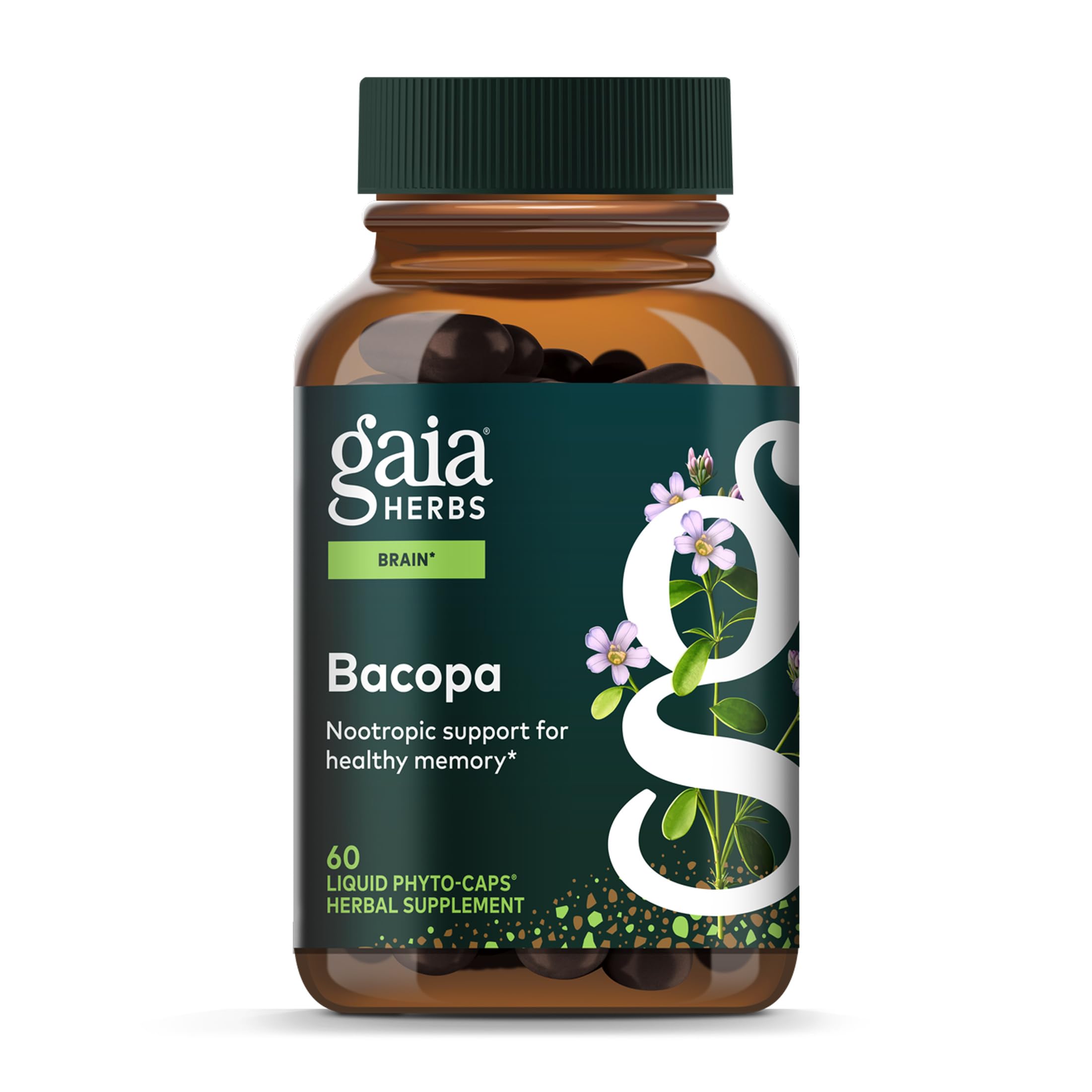 Gaia Herbs Bacopa bottle label shows a trusted design for daily cognitive support.