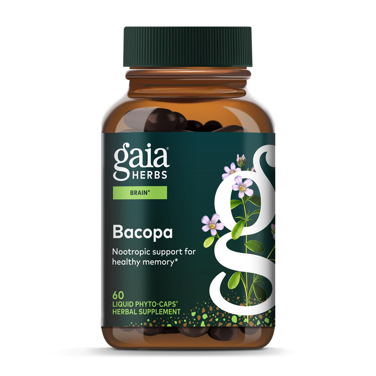 Gaia Herbs Bacopa bottle label shows a trusted design for daily cognitive support.