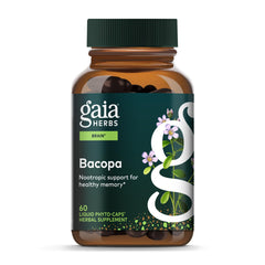Gaia Herbs Bacopa bottle label shows a trusted design for daily cognitive support.