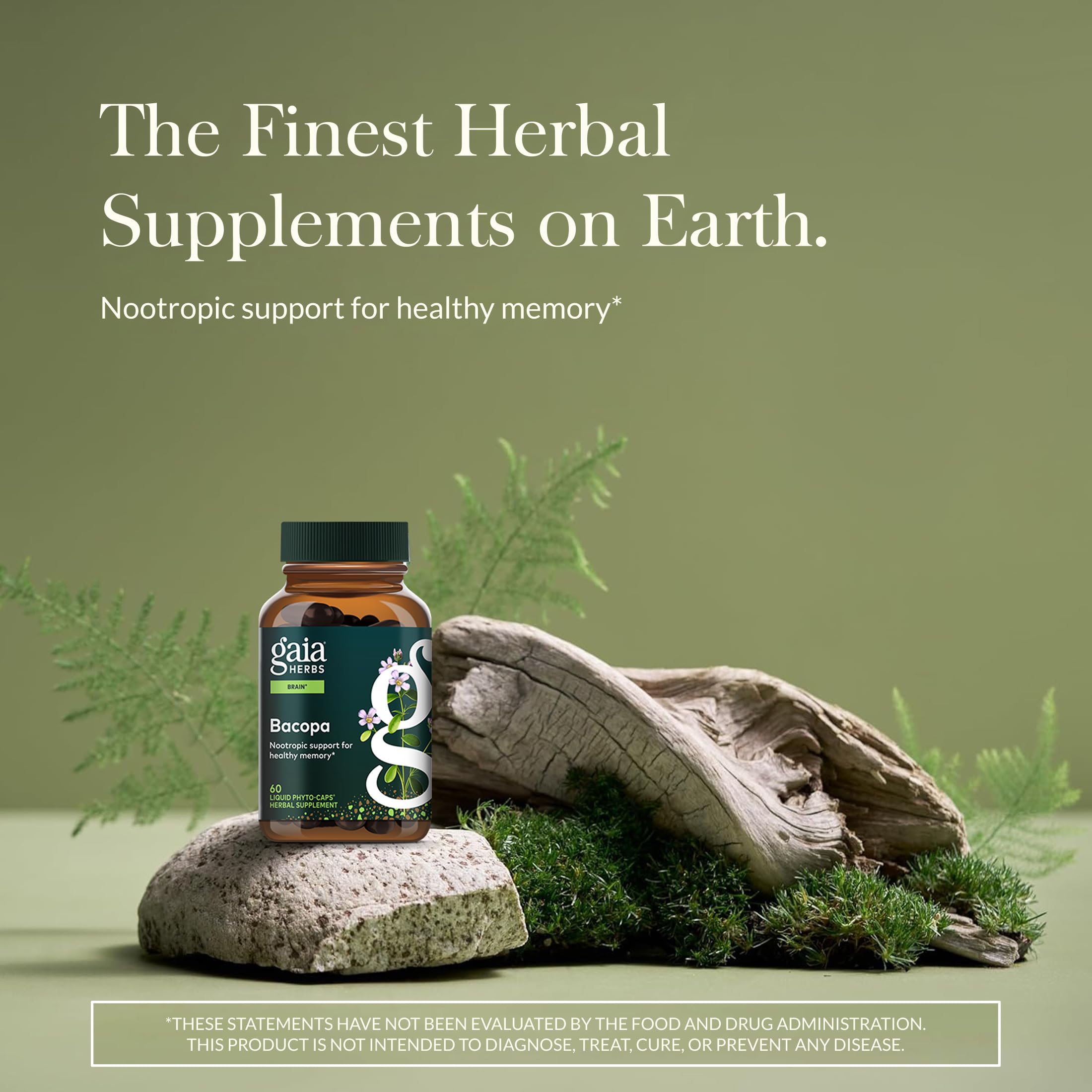 Gaia Herbs Bacopa capsules closeup highlights plant-based, stimulant-free focus.