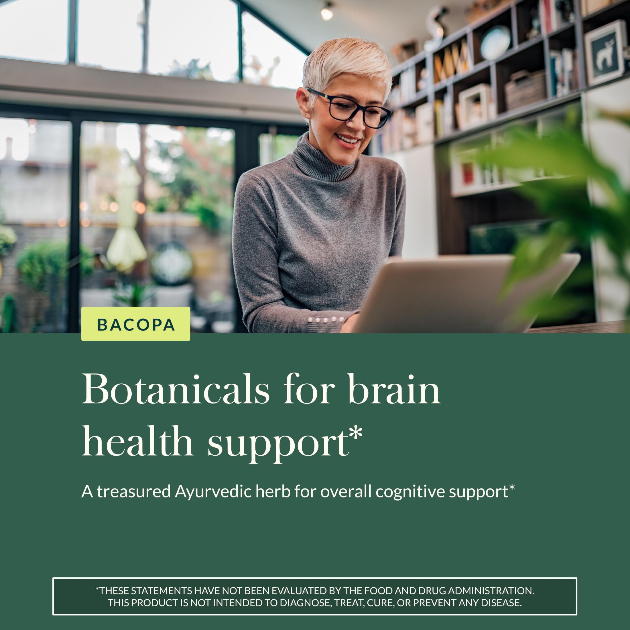 Gaia Herbs Bacopa capsules dispensing scene emphasizes easy daily dosing.