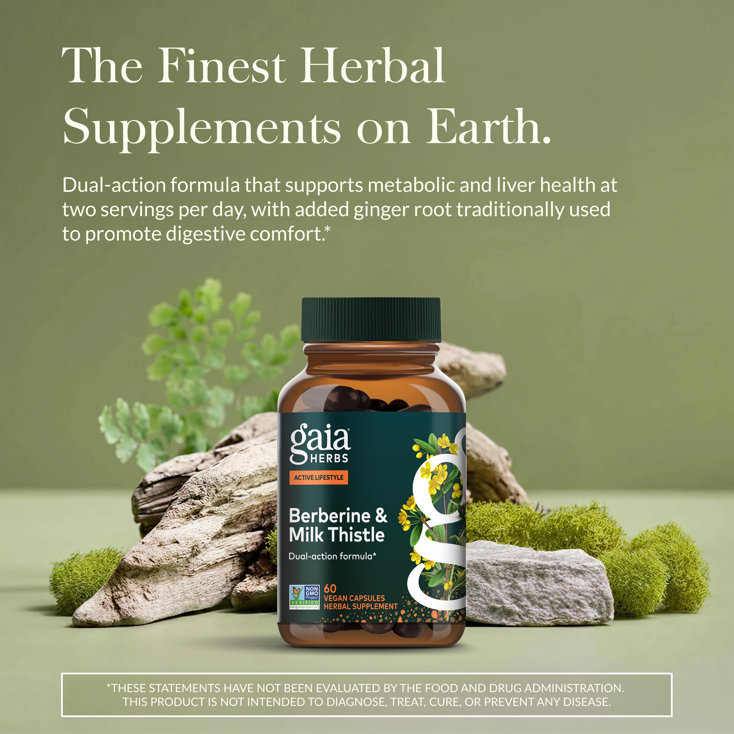 Gaia Herbs Berberine Milk Thistle capsules show convenient daily wellness support.