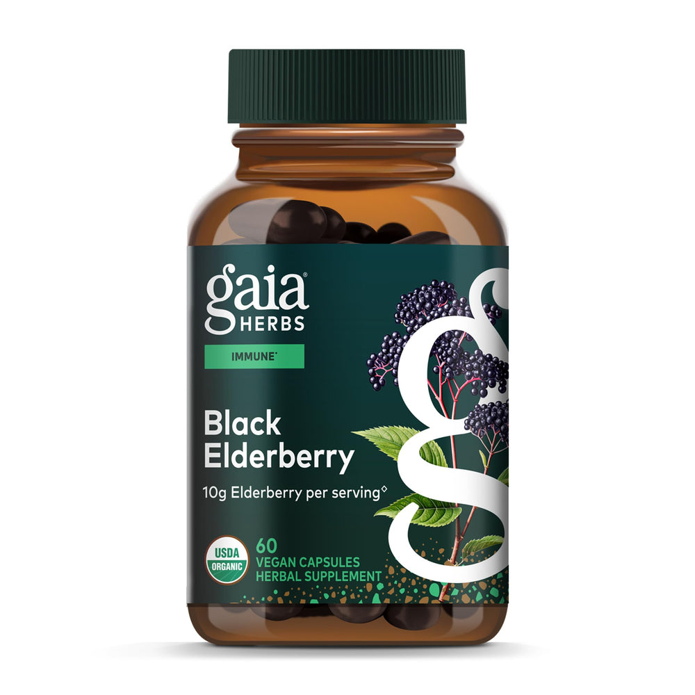 Gaia Herbs Black Elderberry bottle for daily immune support.