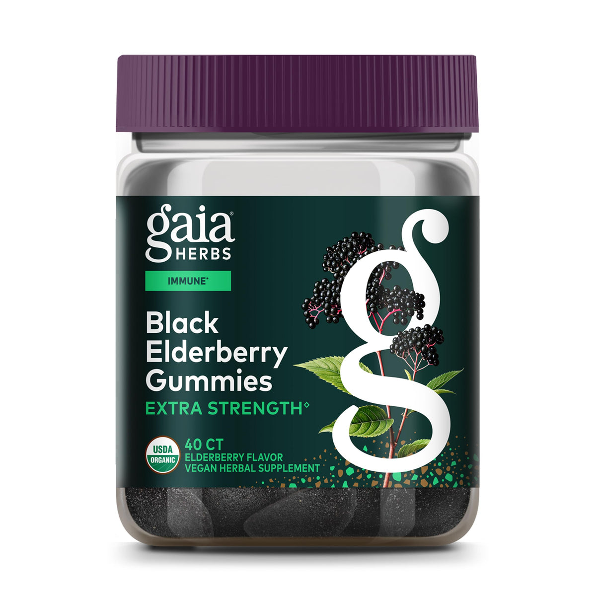 Gaia Herbs Black Elderberry gummies bottle highlighting organic elderberries for immune support.