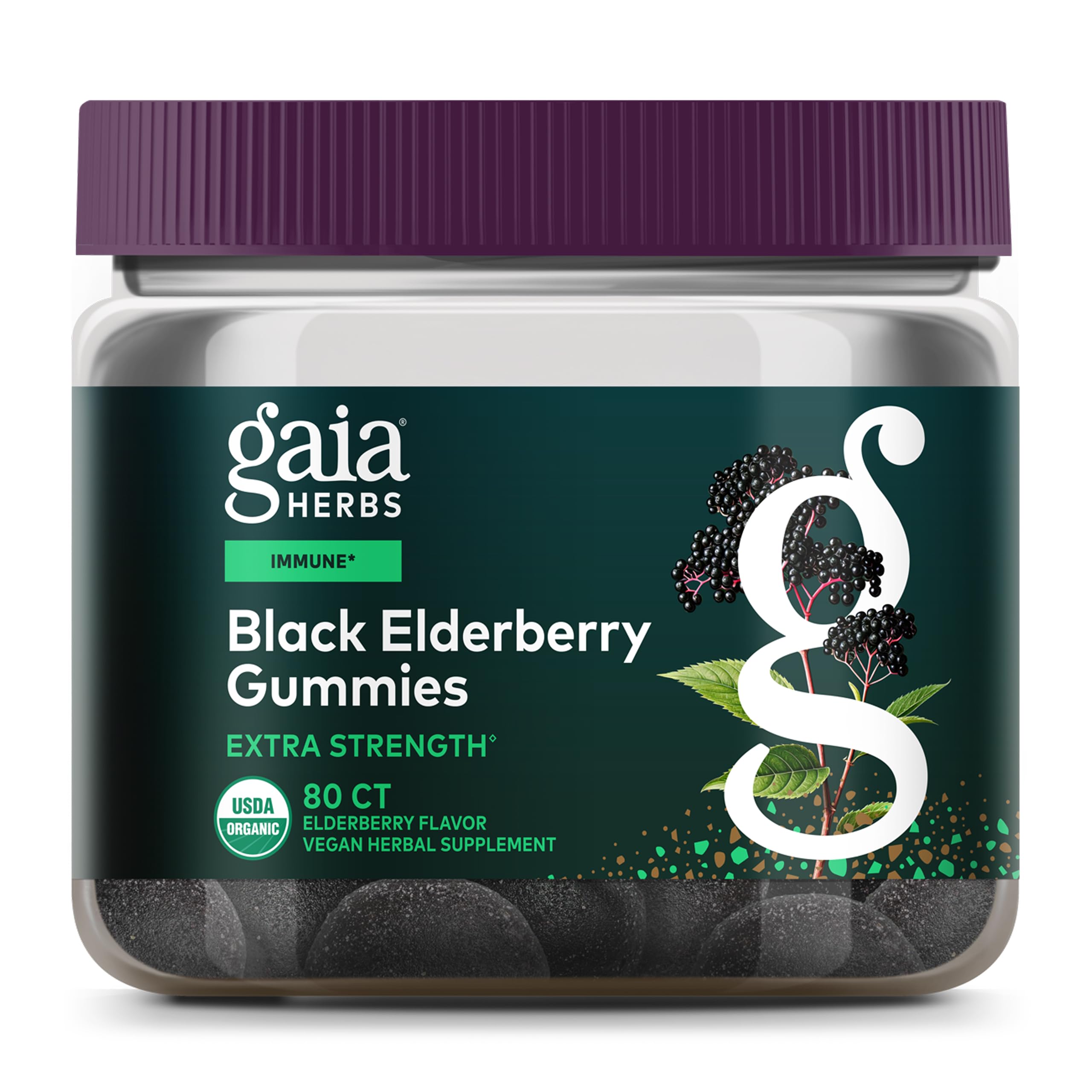 Gaia Herbs Black Elderberry gummies packaging showcases immune support potential.