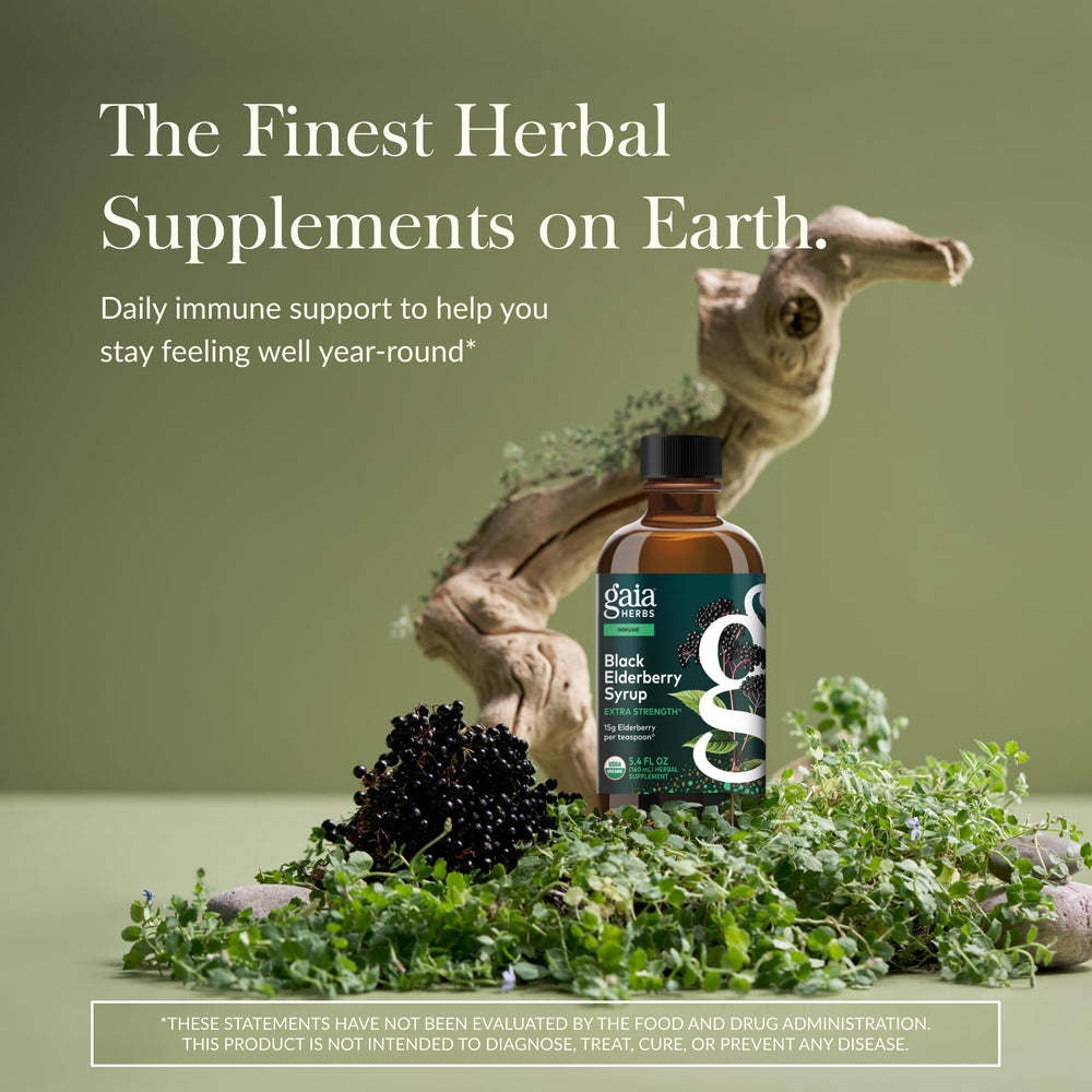 Pour Gaia Herbs elderberry syrup for easy daily immune support.