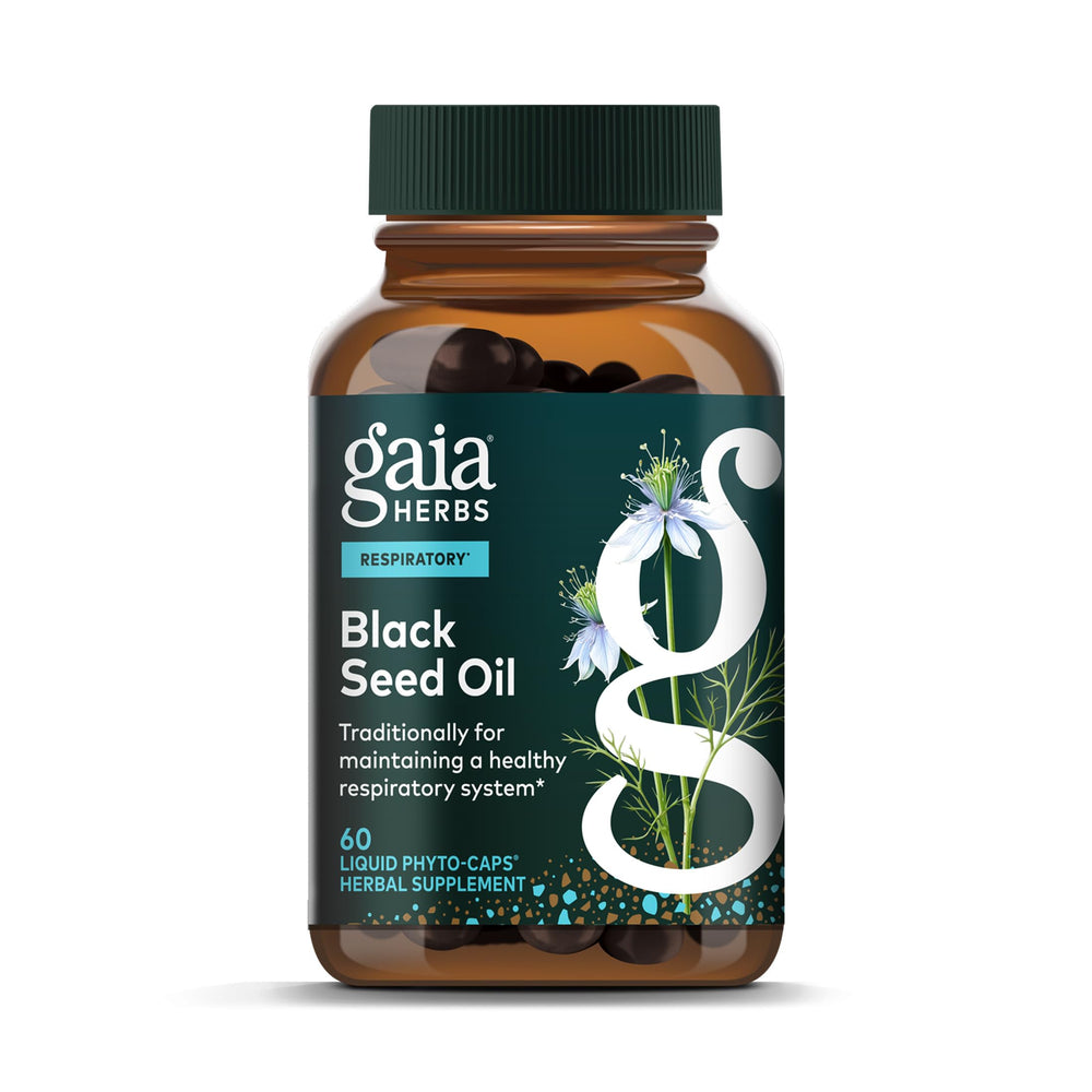 Gaia Herbs Black Seed Oil bottle for daily immune and respiratory support.
