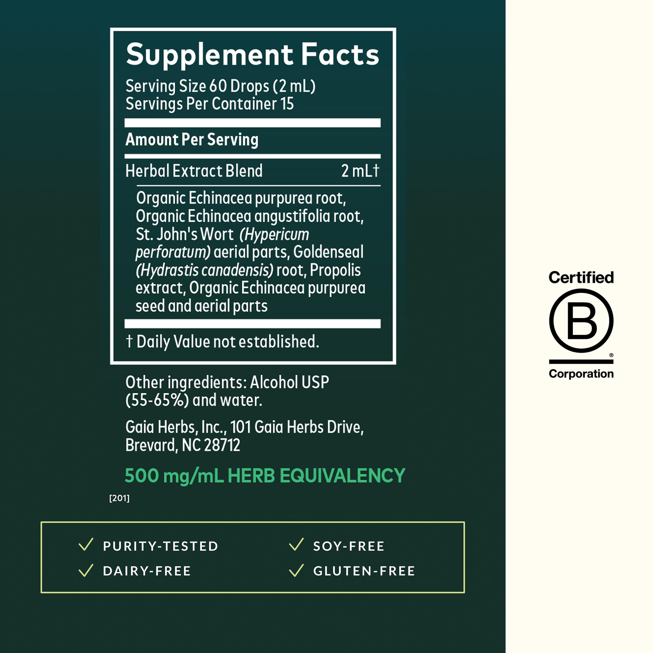 Gaia Herbs bottle beside a scale showing 15 servings for travel convenience