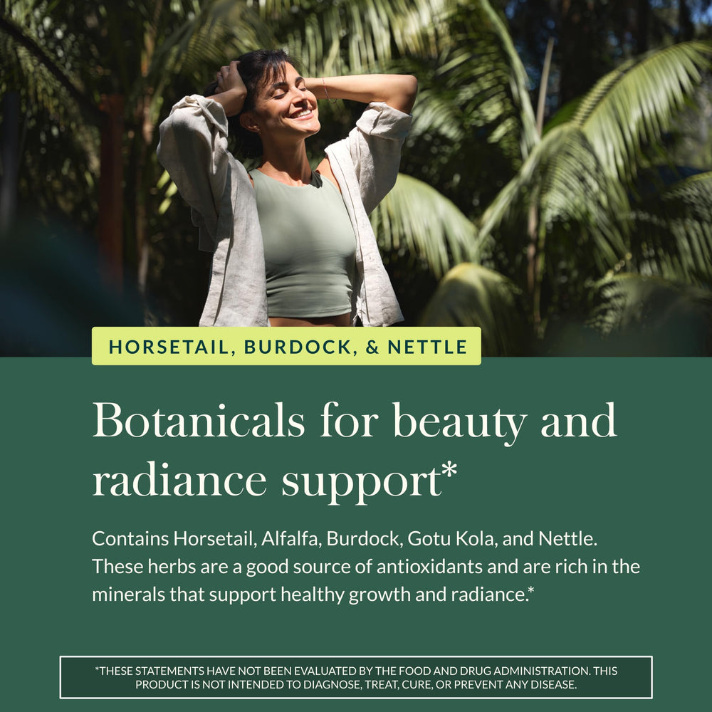 Gaia Herbs burdock root illustration within the blend, supporting skin and nails.