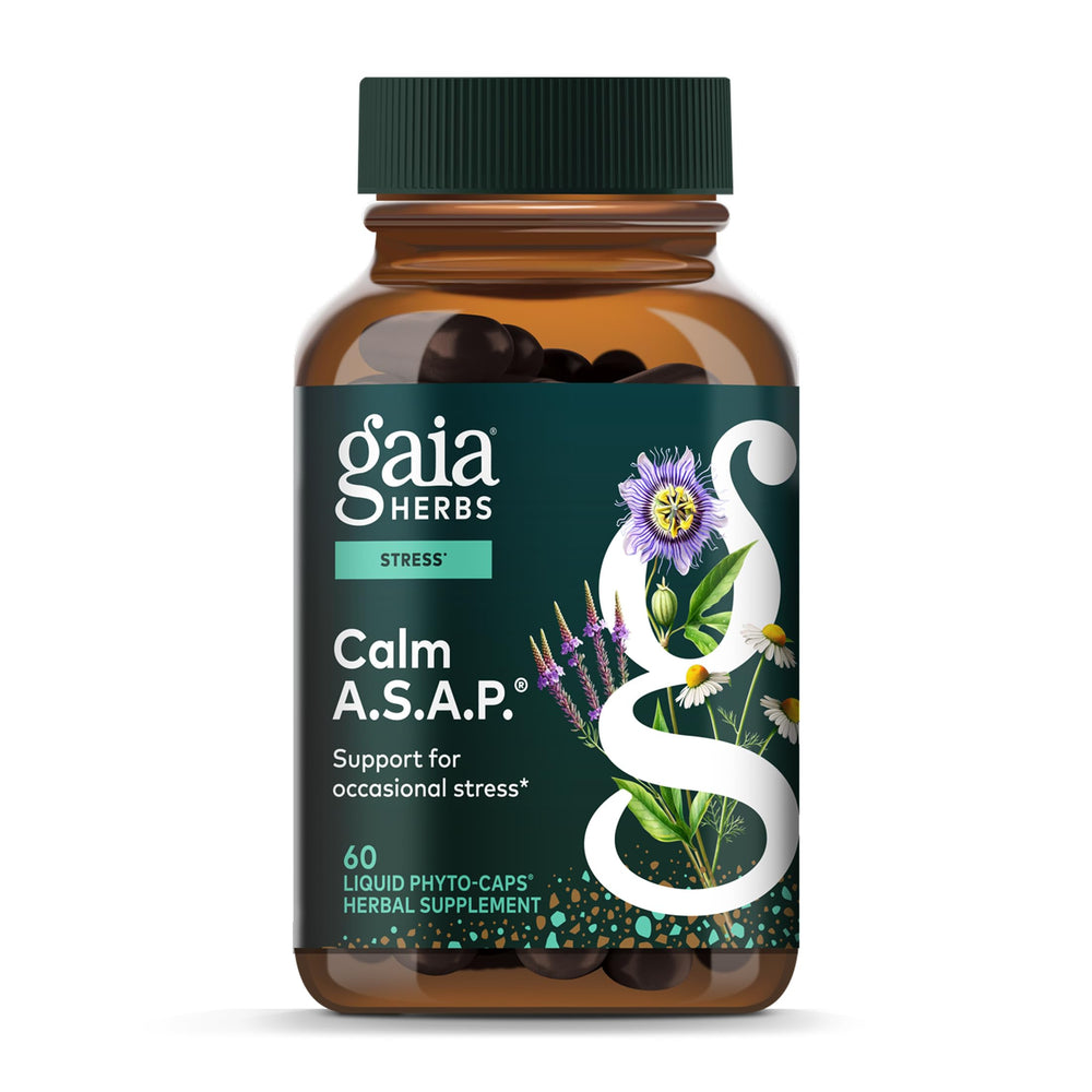 Gaia Herbs Calm A.S.A.P. bottle-front view supports daily stress response.