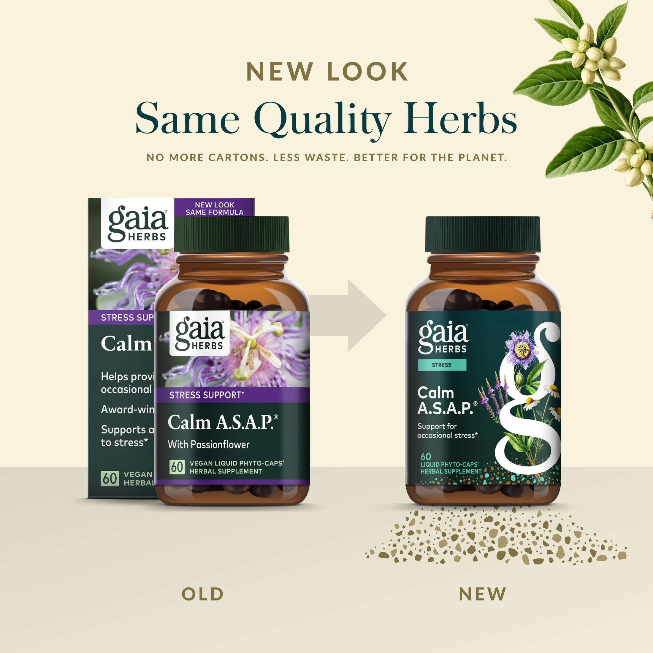Gaia Herbs Calm A.S.A.P. ingredients-label-closeup highlights skullcap, passionflower, chamomile, and more.