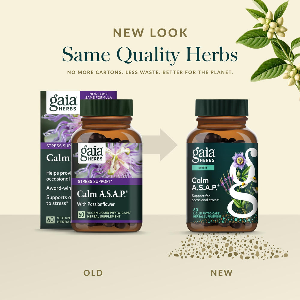 Gaia Herbs Calm A.S.A.P. ingredients-label-closeup highlights skullcap, passionflower, chamomile, and more.