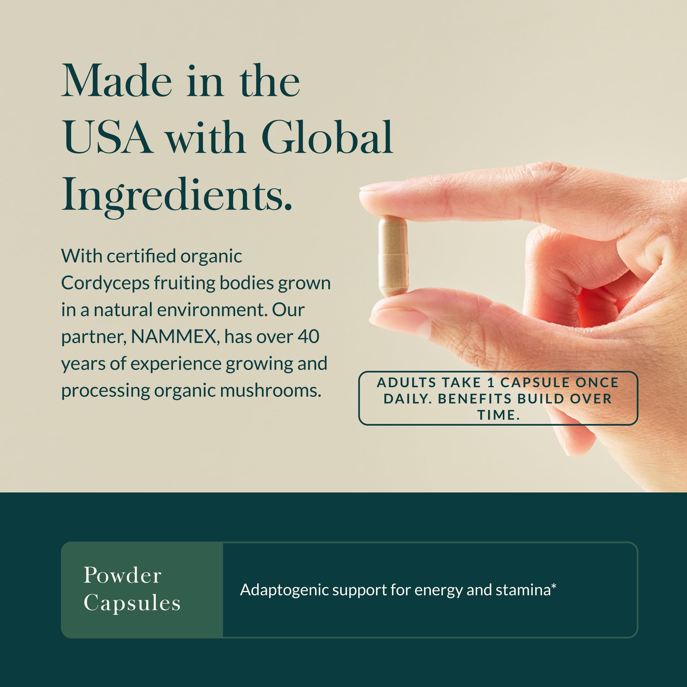 Gaia Herbs Cordyceps bottle pouring for easy daily energy intake.