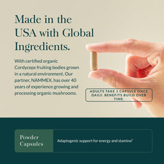 Gaia Herbs Cordyceps bottle pouring for easy daily energy intake.