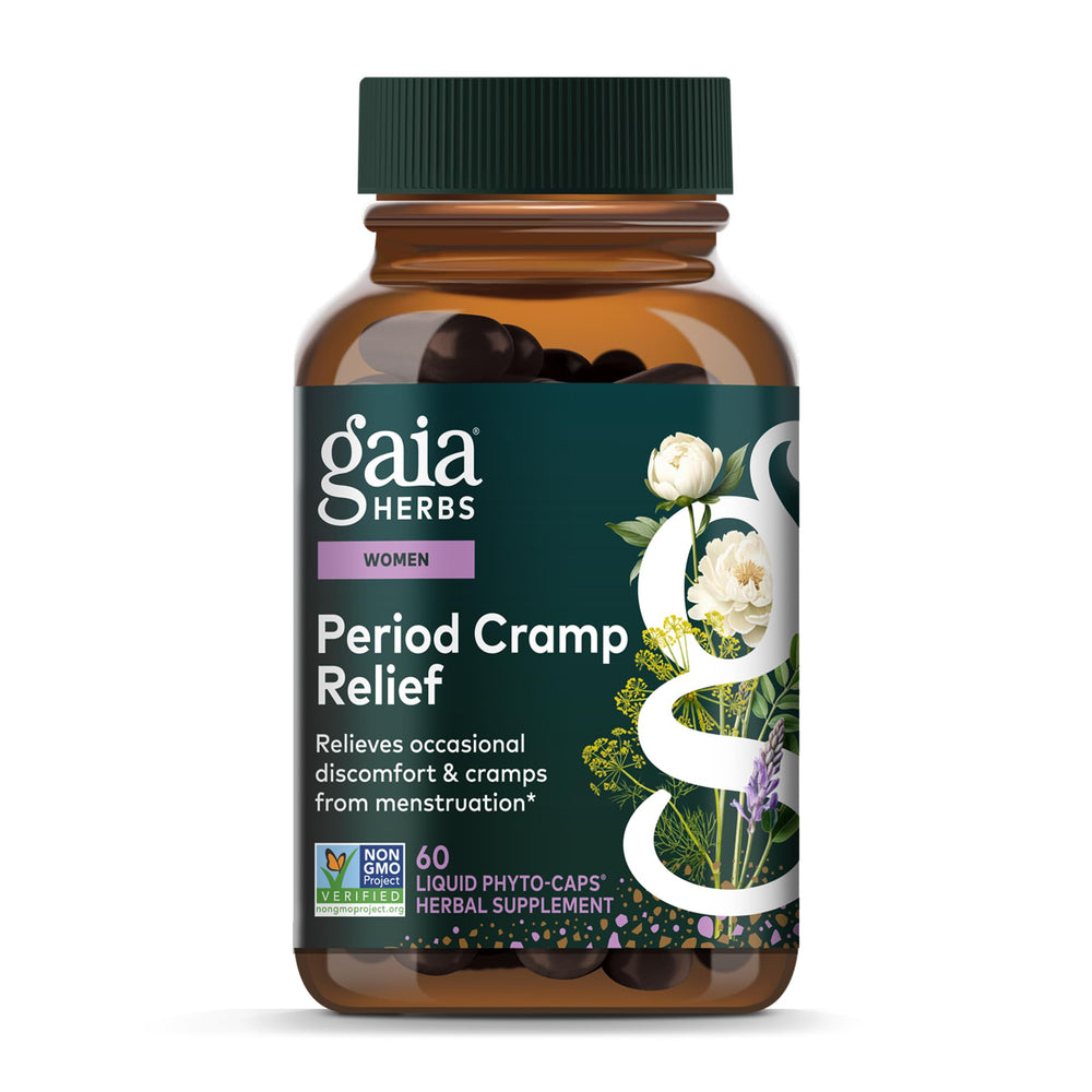 Gaia Herbs Cramp Relief bottle with capsules for potential menstrual comfort