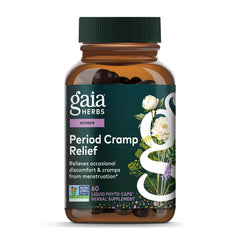 Gaia Herbs Cramp Relief bottle with capsules for potential menstrual comfort