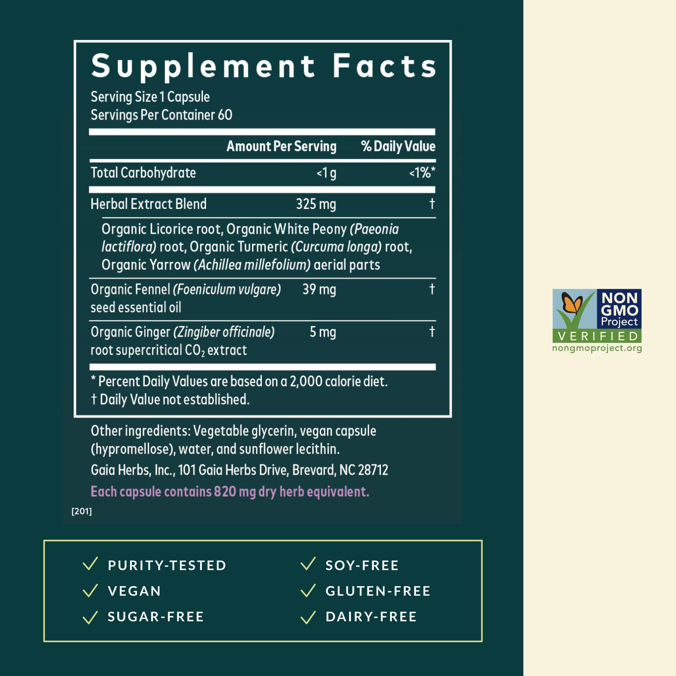 Gaia Herbs Cramp Relief label highlighting organic ingredients and vegan capsules for clean sourcing