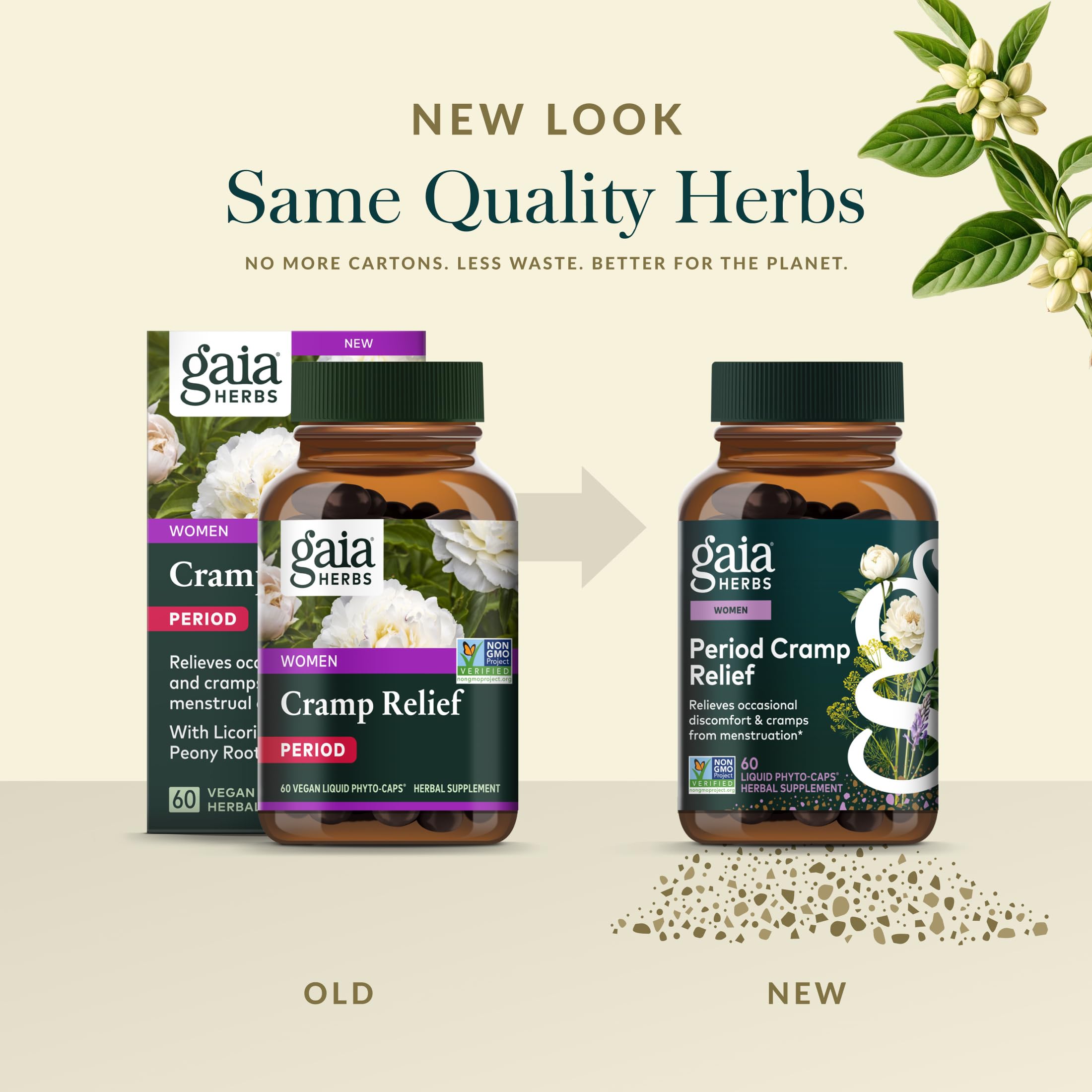 Organic white peony, licorice root, and fennel in Gaia Cramp Relief blend for potential balance