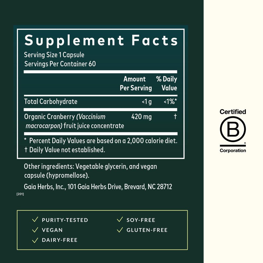 Gaia Herbs Cranberry Concentrate capsules in pack for vegan phyto-caps