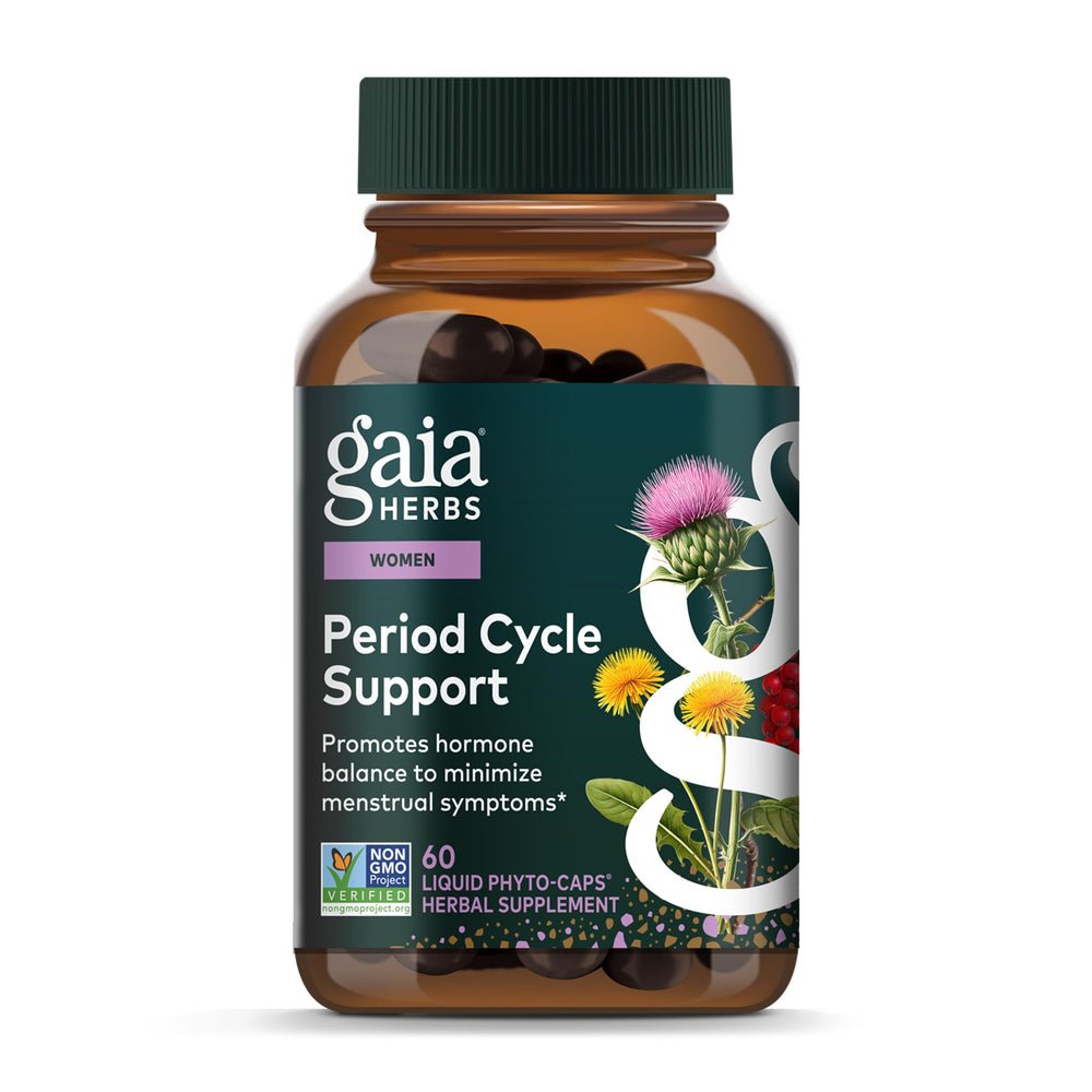 Gaia Herbs Cycle Support bottle front for hormone balance and PMS support.
