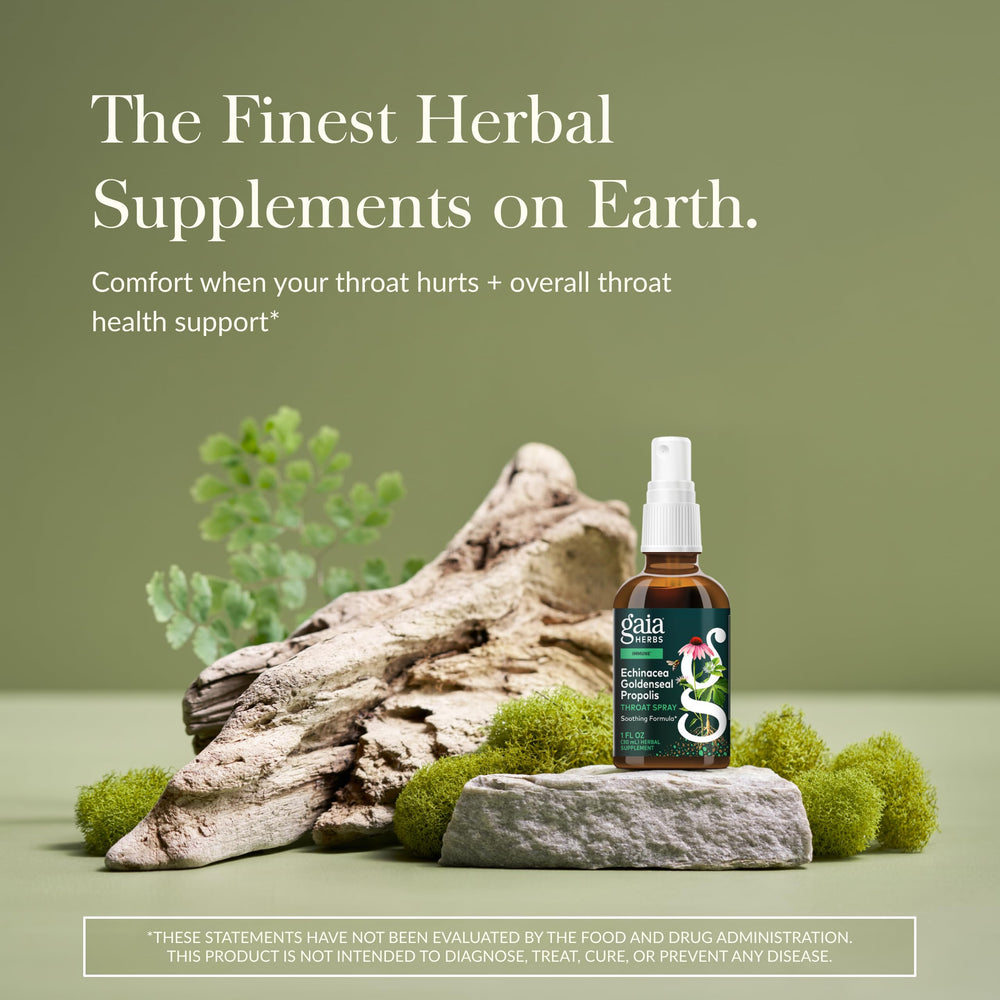 Gaол Herbs Echinacea Goldenseal Propolis Throat Spray bottle with label highlighting herbal blend for throat health