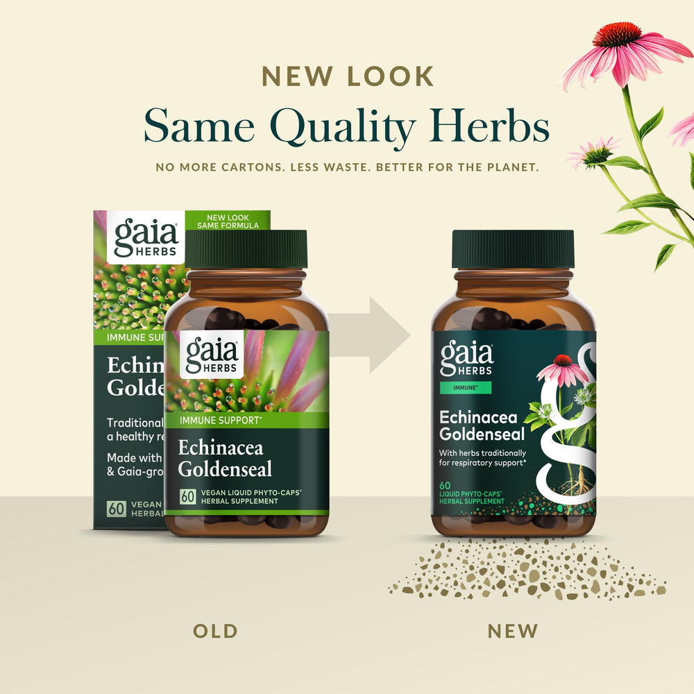Gaia Herbs Echinacea Goldenseal root imagery reflects herbal heritage