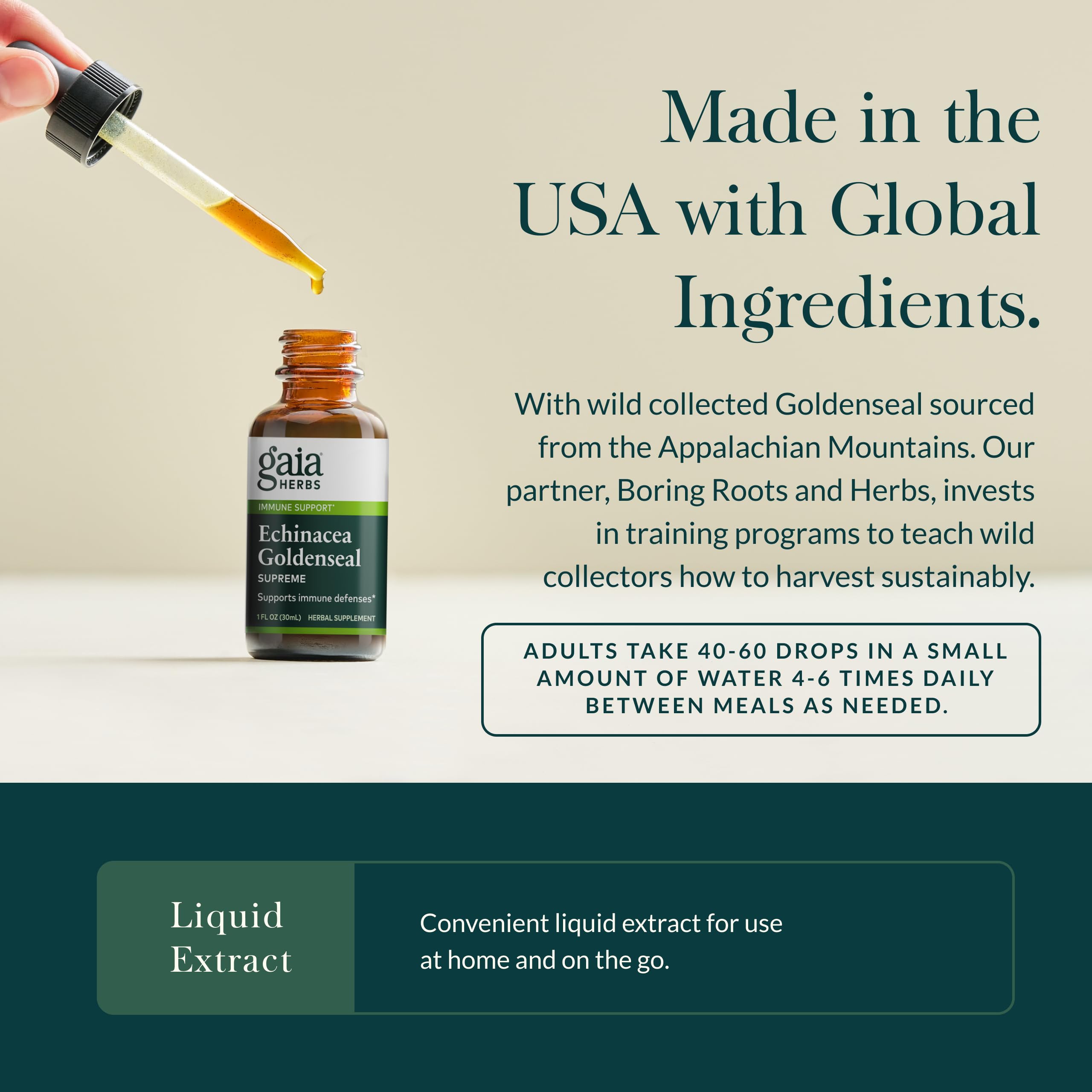 Gaia Herbs Echinacea Goldenseal Supreme ingredients panel highlights herbal blend.