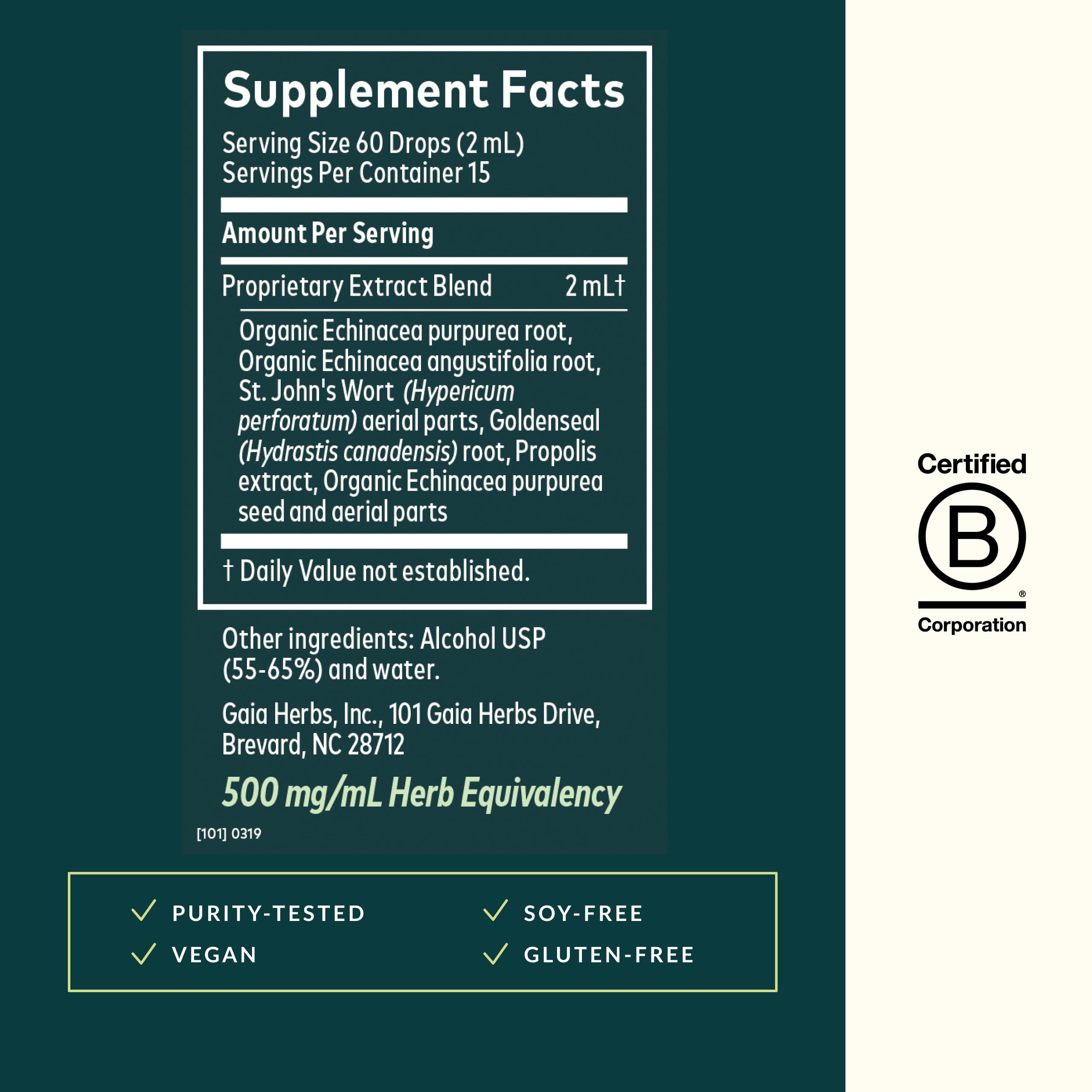 Gaia Herbs Echinacea Goldenseal Supreme label close up validates quality and ingredients.