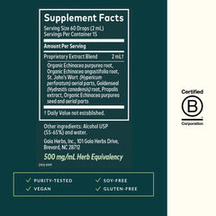Gaia Herbs Echinacea Goldenseal Supreme label close up validates quality and ingredients.