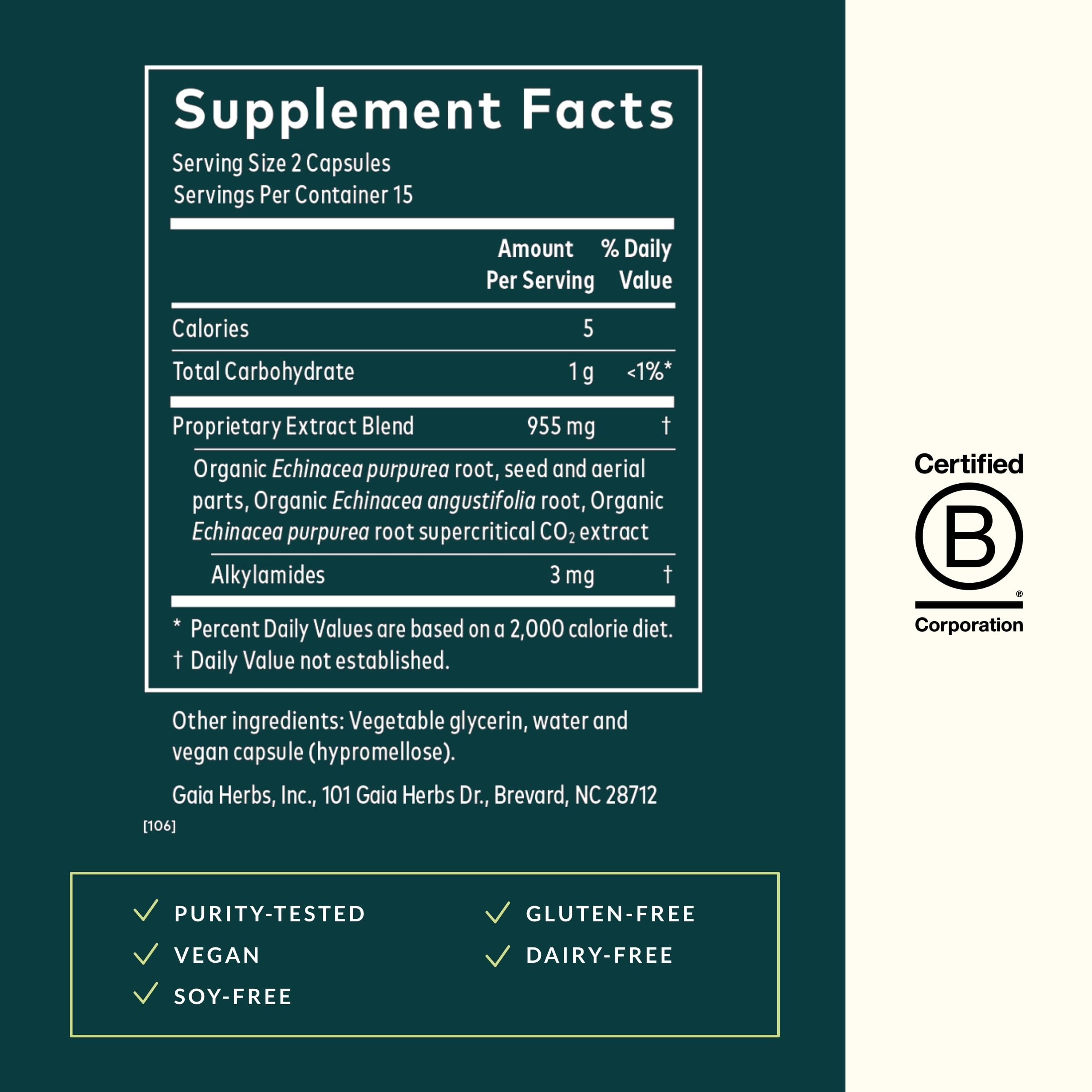 Gaia Herbs Echinacea Supreme label shows ingredients and sourcing