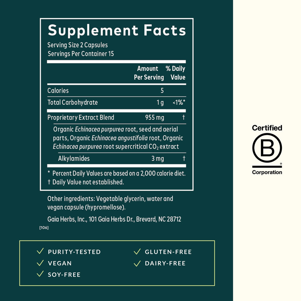 Gaia Herbs Echinacea Supreme label shows ingredients and sourcing