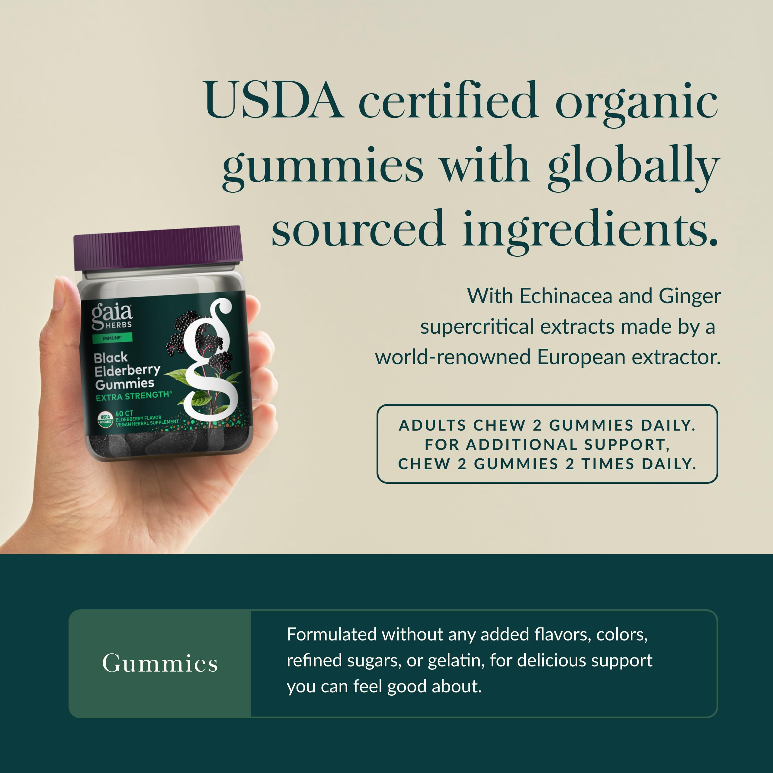 Gaia Herbs elderberry gummies ingredients panel lists organic elderberries and fruit-derived sweeteners.