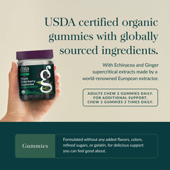 Gaia Herbs elderberry gummies ingredients panel lists organic elderberries and fruit-derived sweeteners.