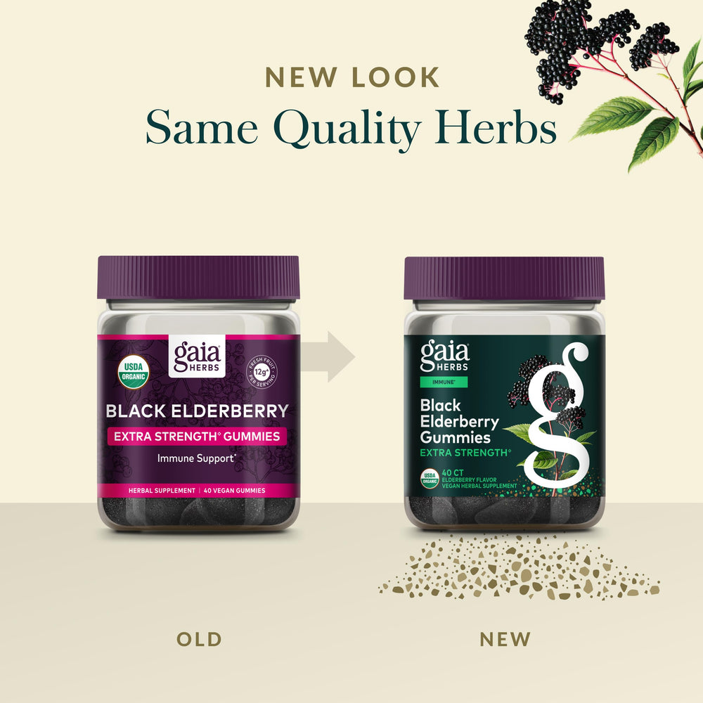 Gaia Herbs packaging displays organic cooperative emblem and ethical sourcing.