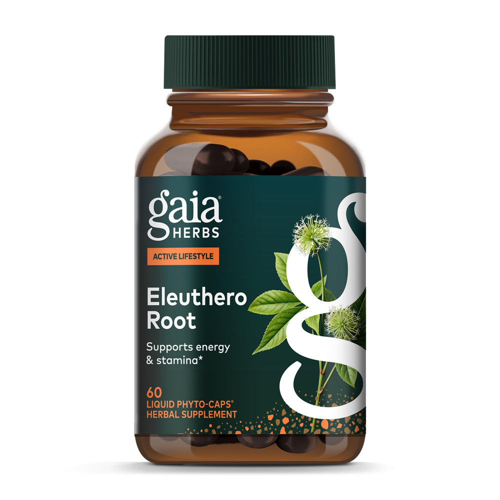 Gaia Herbs Eleuthero Root bottle front signaling energy support.