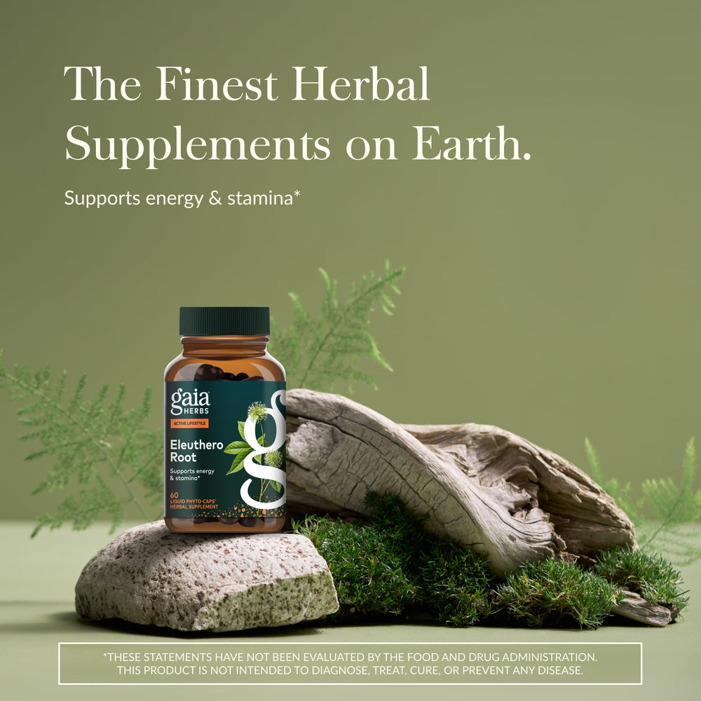 Gaia Herbs Eleuthero Root capsules closeup for daily stamina.