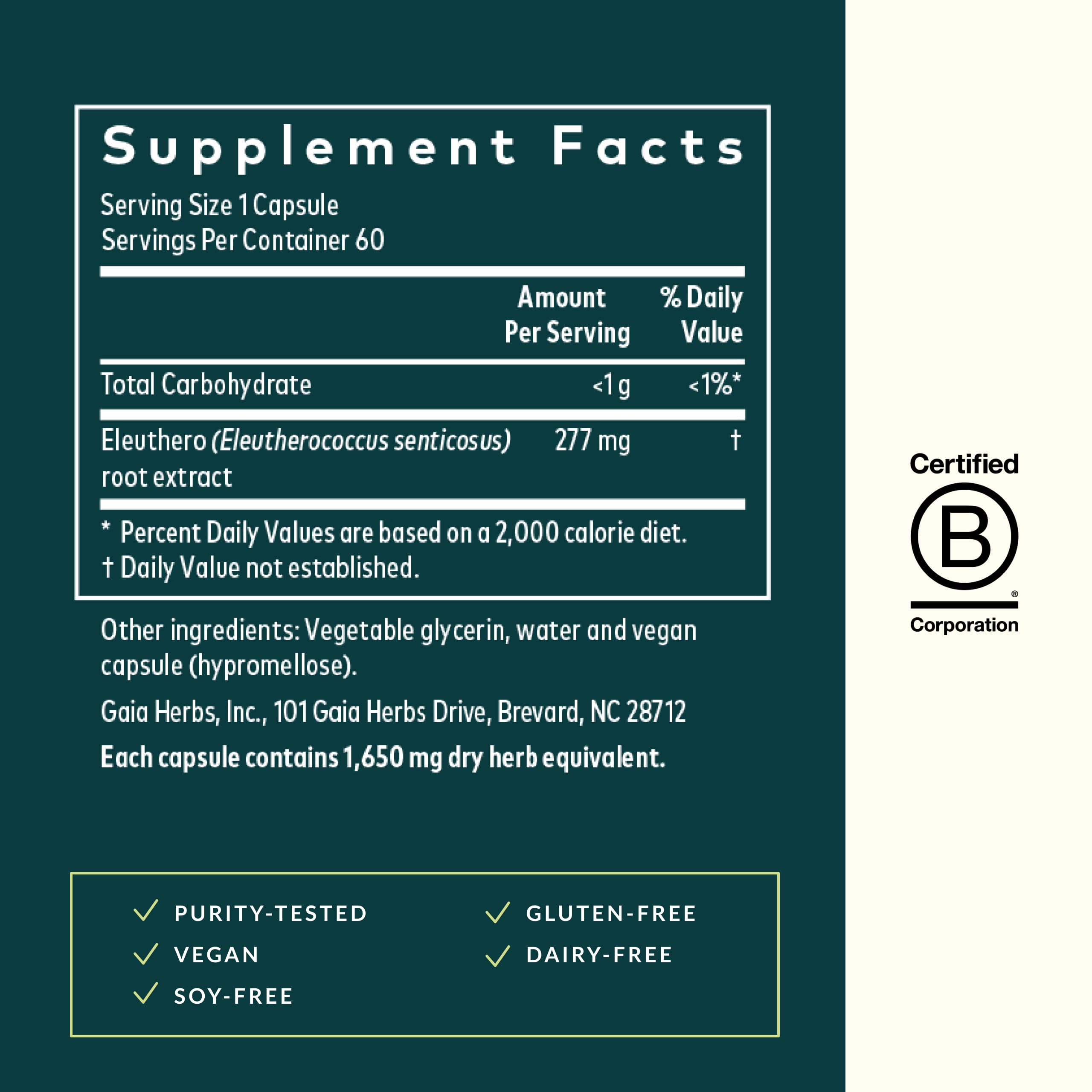 Gaia Herbs Eleuthero Root label detail emphasizes traditional use.