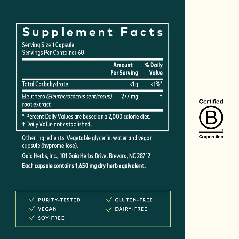 Gaia Herbs Eleuthero Root label detail emphasizes traditional use.