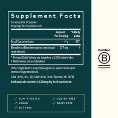 Gaia Herbs Eleuthero Root label detail emphasizes traditional use.