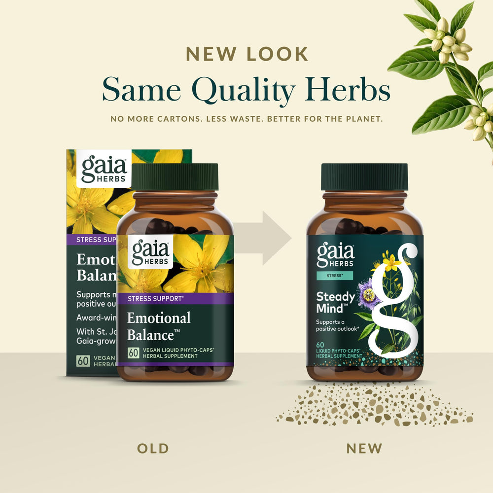 Open Gaia Herbs Emotional Balance capsule illustrates simple daily intake.