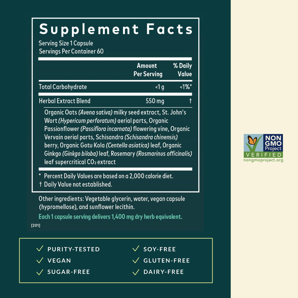 Gaia Herbs Emotional Balance label detail confirms St. John's Wort and passionflower blend.