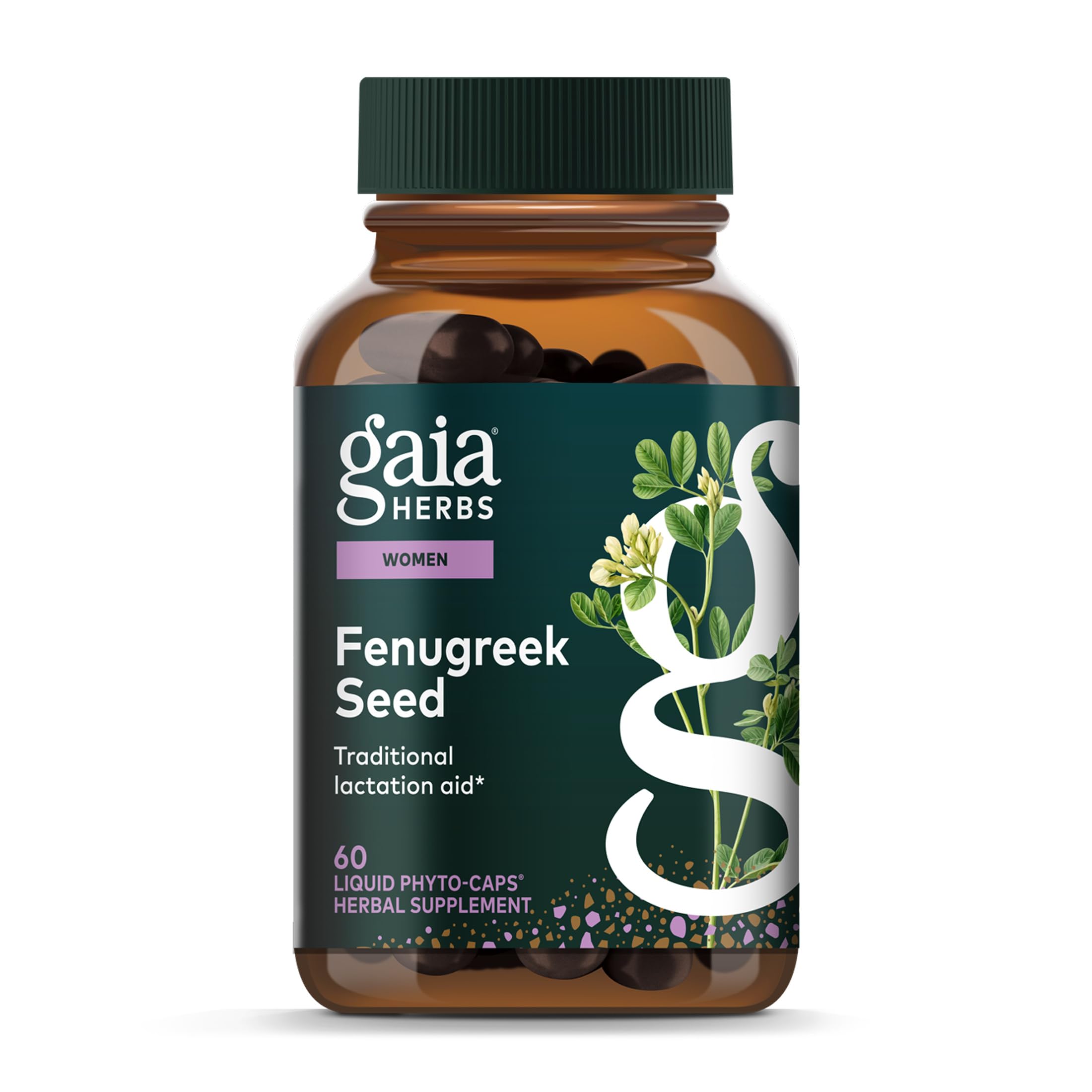 Gaia Herbs Fenugreek Seed bottle front shows lactation support.