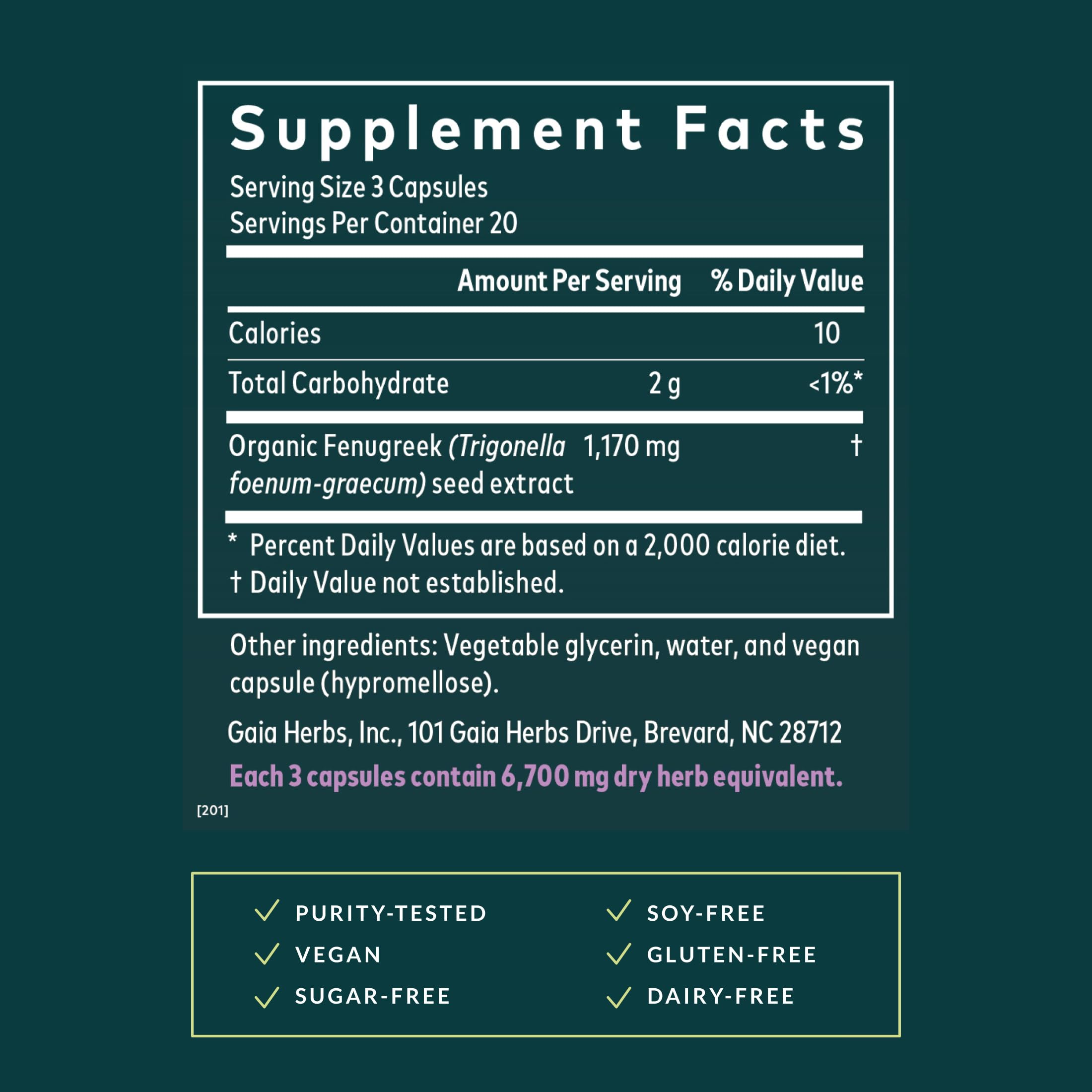 Gaia Herbs Fenugreek Seed cap dispense demonstrates easy daily use.