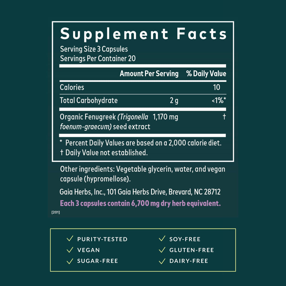 Gaia Herbs Fenugreek Seed cap dispense demonstrates easy daily use.