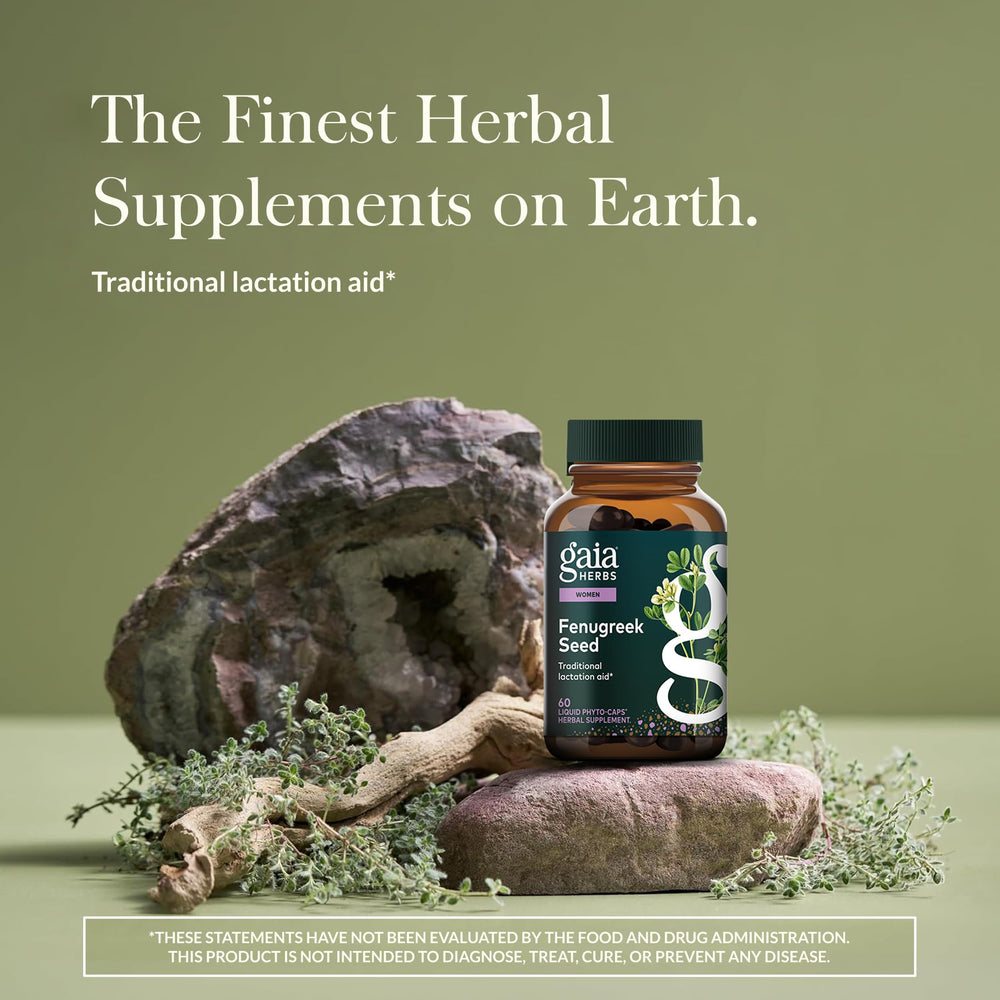 Gaia Herbs Fenugreek Seed capsules closeup highlights plant-powered support.
