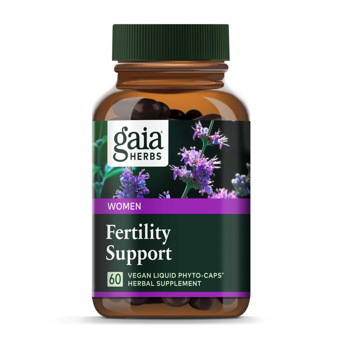 Gaia Herbs Fertility Support bottle front showing the vegan capsules.