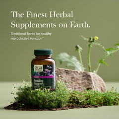 Gaia Herbs Fertility Support bottle label close-up highlighting herbal blend.
