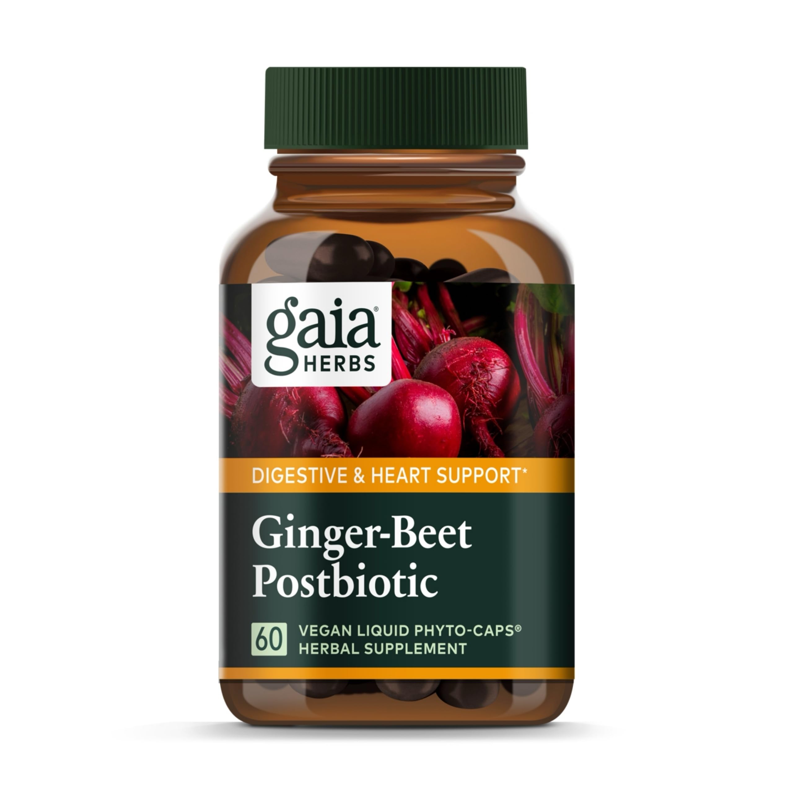 Gaia Herbs Ginger-Beet Postbiotic bottle front for gut and heart support.